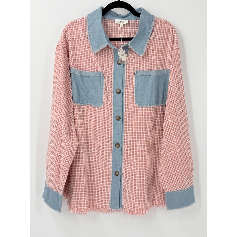 NWT ODDI Pink Plaid Denim patchwork colorblock Button shirt top Womens sz 2XL